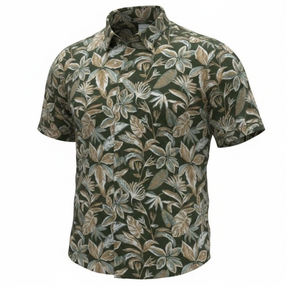 ROWM Button Down Shirt Mens 2XT Green Tropical Leaf Hemp Lyocell Short Sleeve
